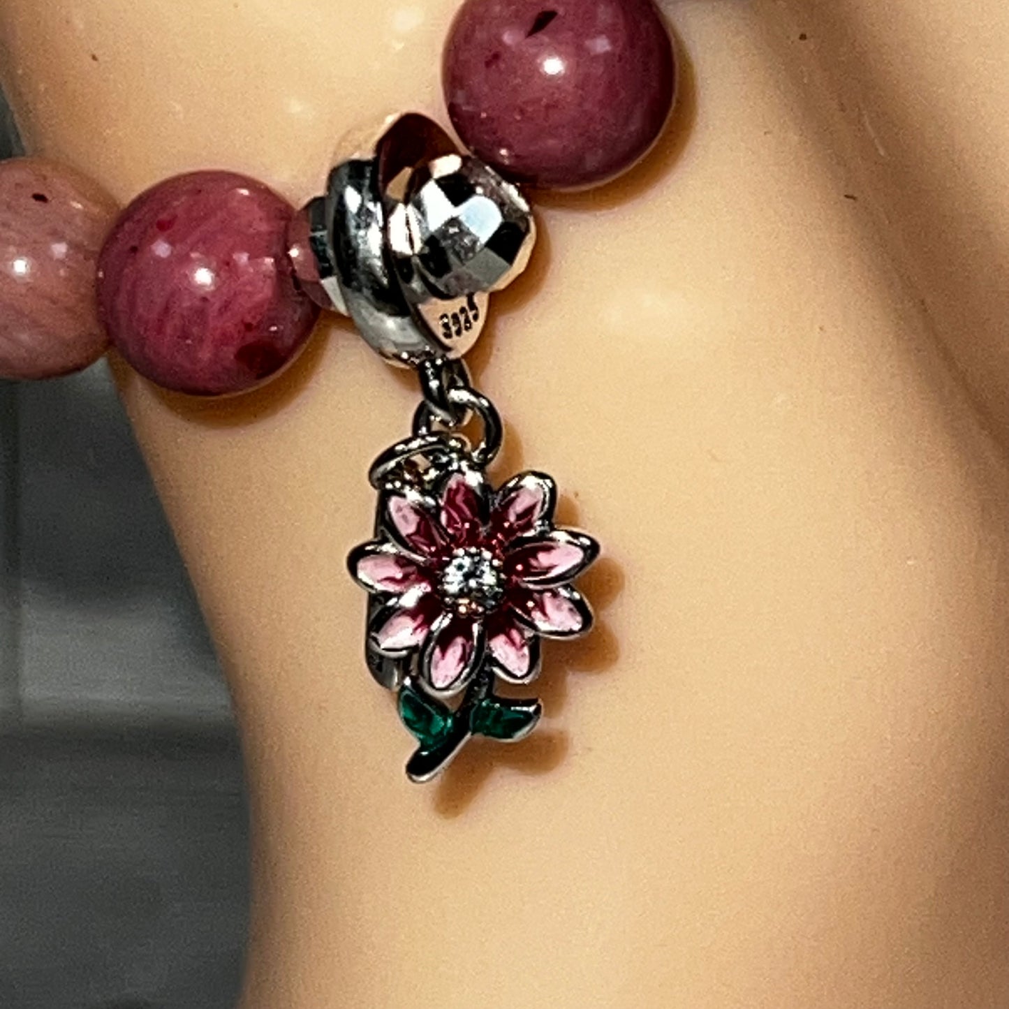 Rhodonite Stretch Bracelet with Flower Charm