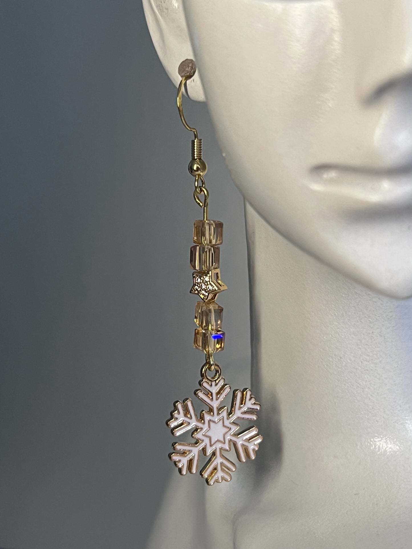 White and Gold Snowflake Charm Earrings