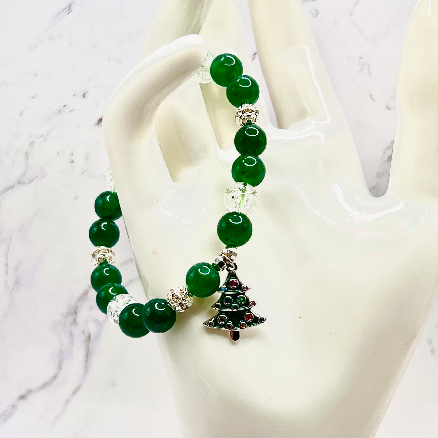 Chalcedony and Clear Crackled Quartz Bracelet with Tree Charm