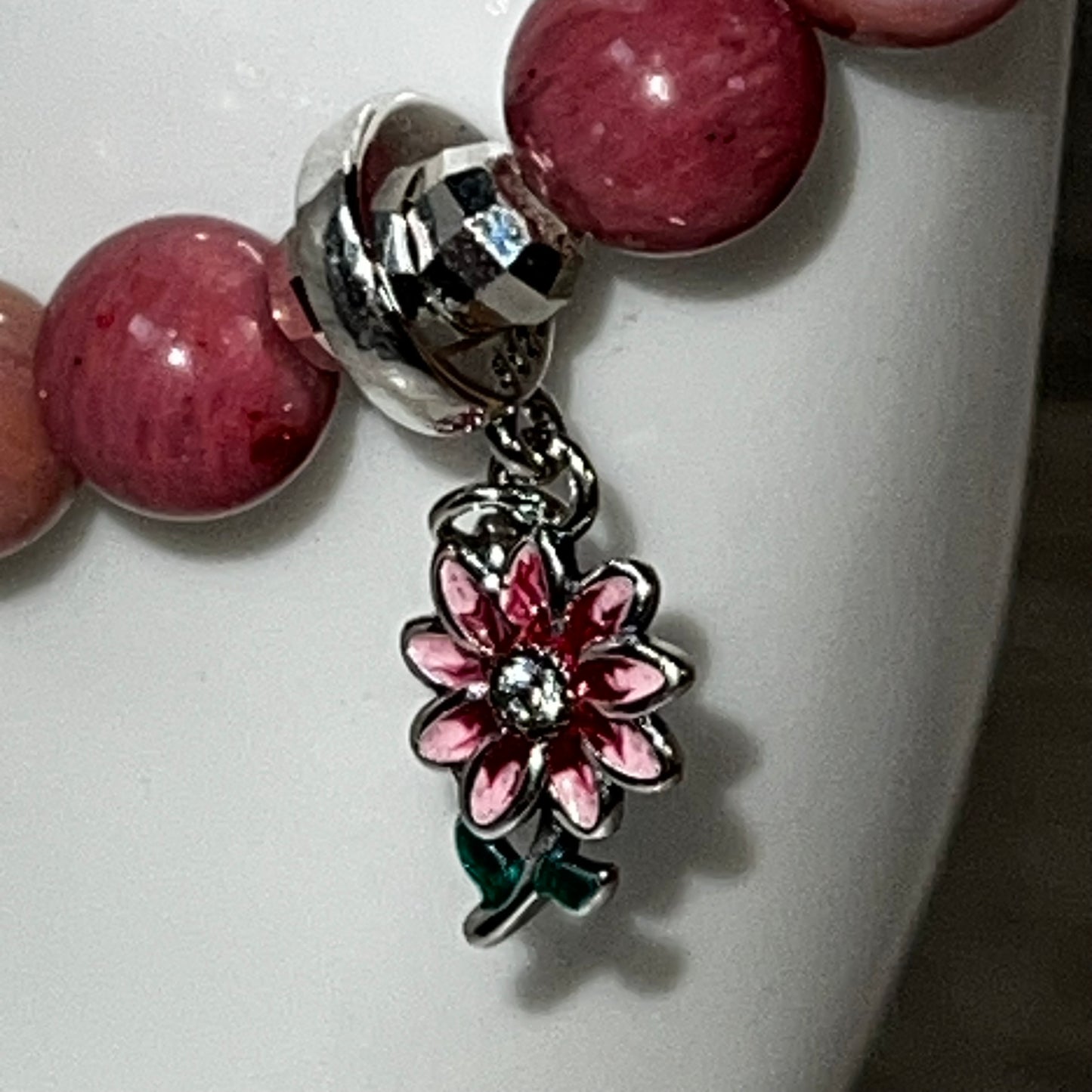 Rhodonite Stretch Bracelet with Flower Charm