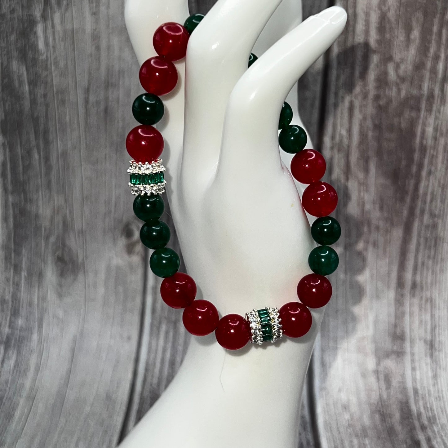 Red and Green Chalcedony Bracelet with Sparkly Spacers