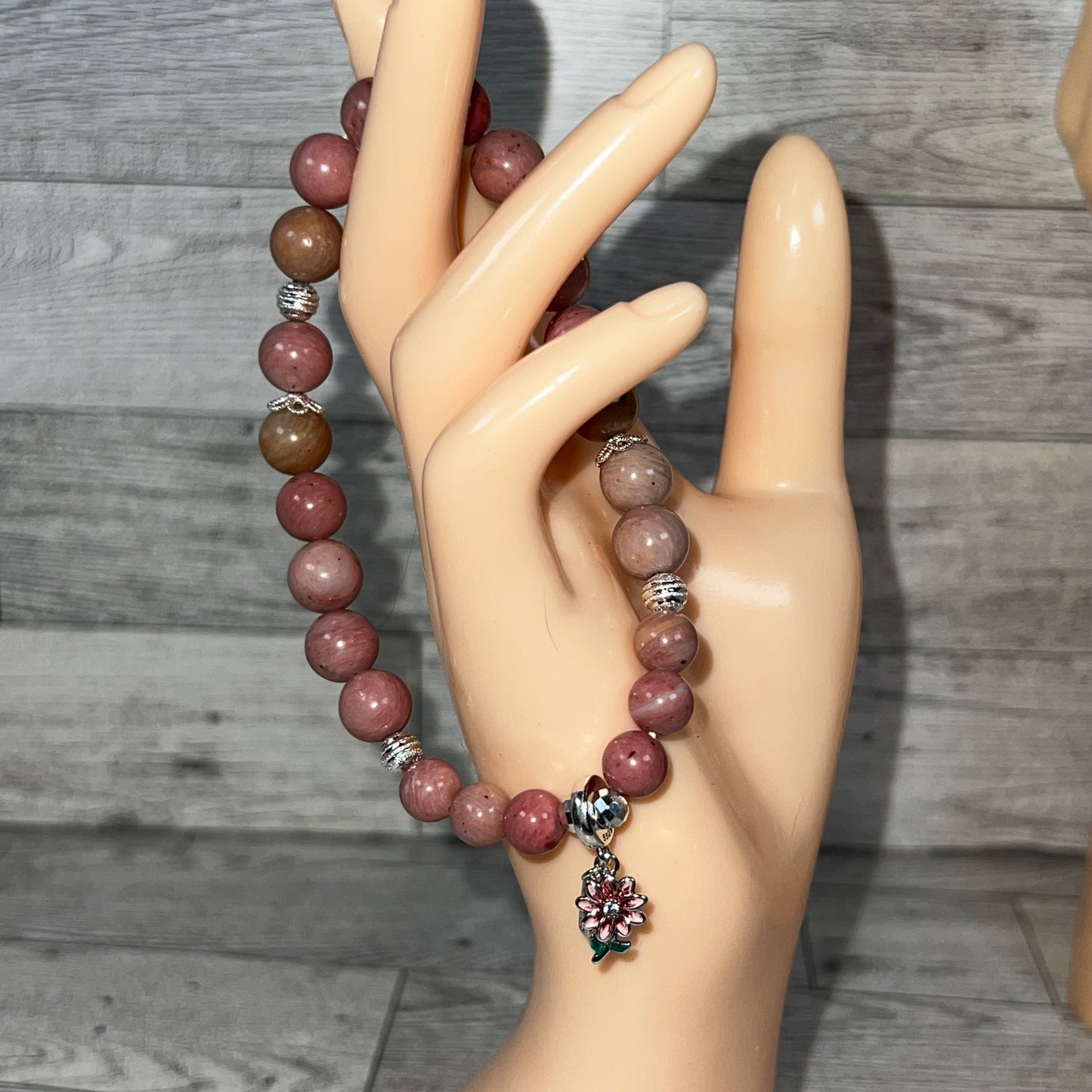 Rhodonite Stretch Bracelet with Flower Charm