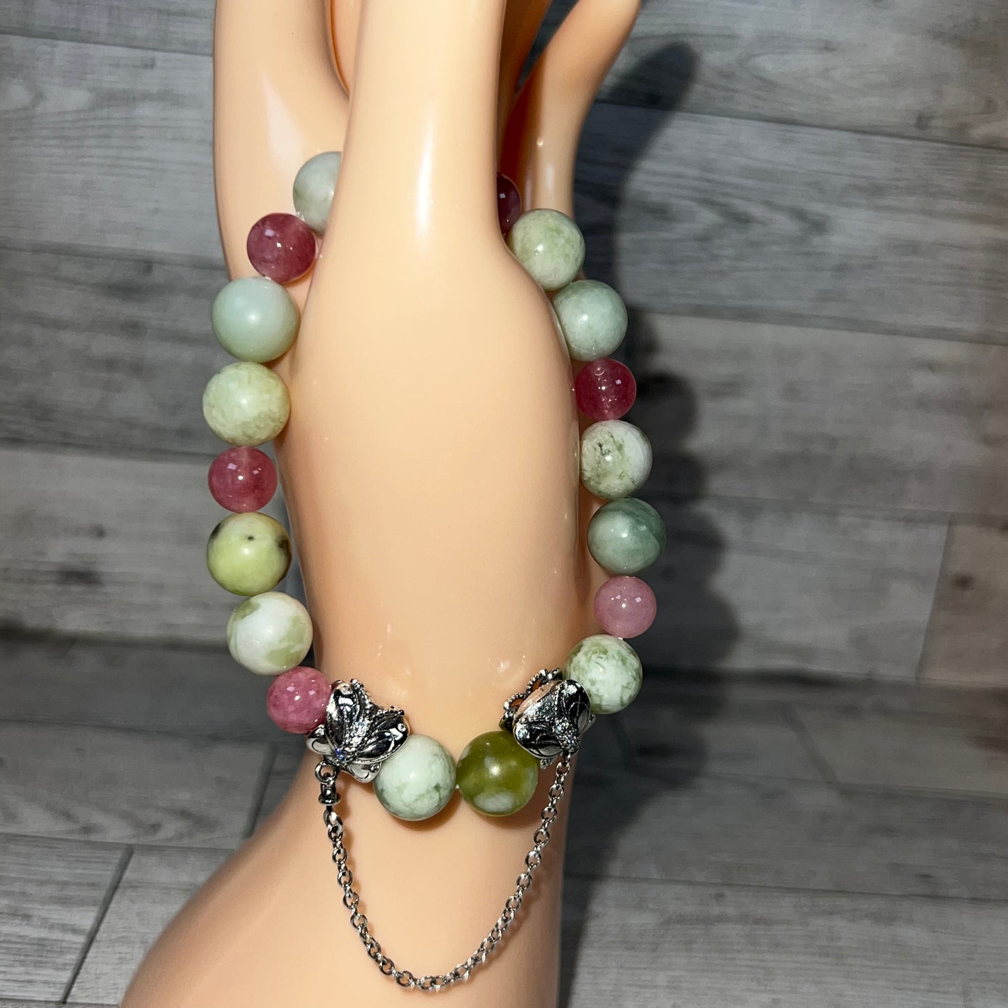 Green Jadeite and Pink Tourmaline Stretch Bracelet