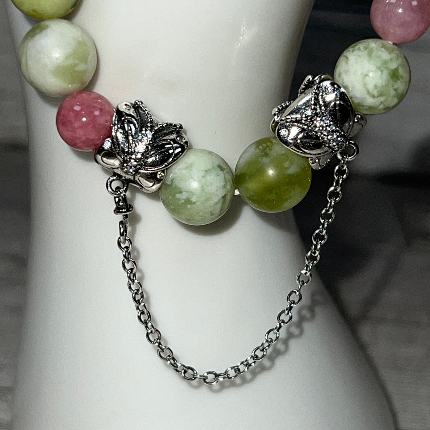 Green Jadeite and Pink Tourmaline Stretch Bracelet