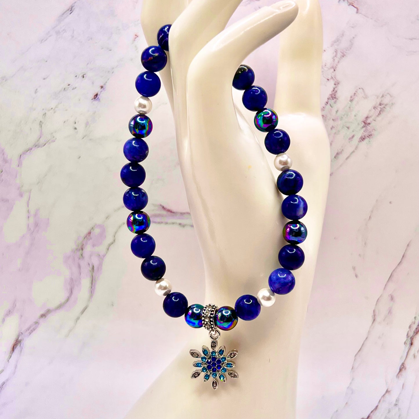 Sodalite and Pearl Bracelet with Snowflake Charm