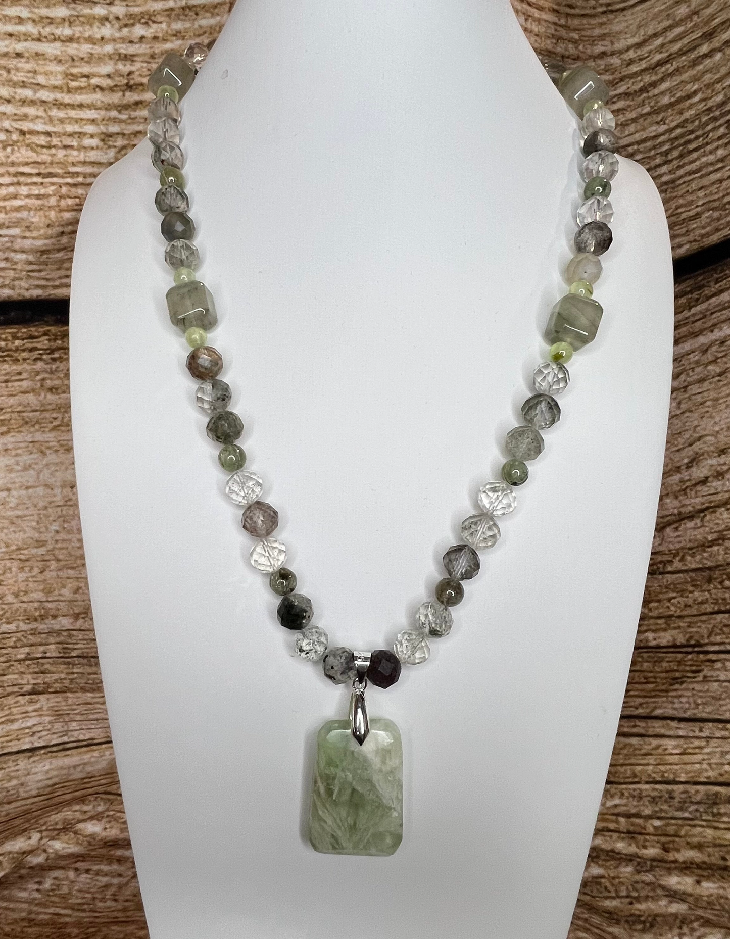 Garden Quartz, Green Garnet, Prehenite Beaded Necklace with Feathered Fluorite Pendant