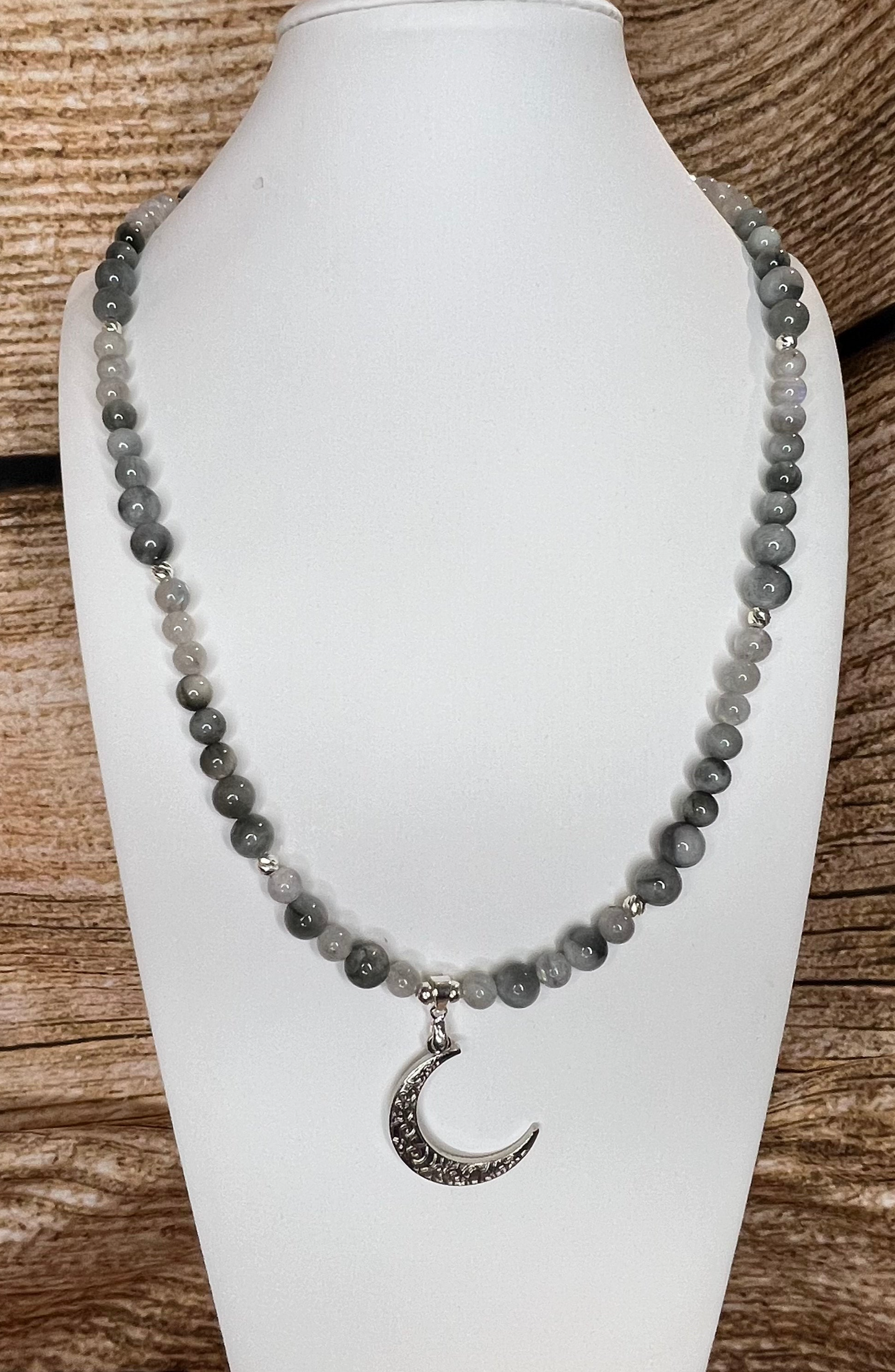 Hawkeye and Rainbow Moonstone Necklace with Sterling Silver Moon Pendant