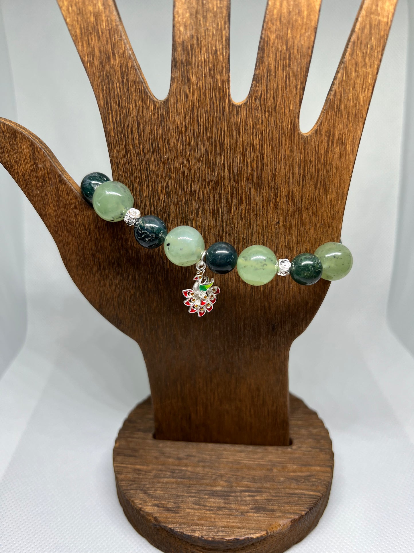 Prehnite and Green Jade Bracelet with Peacock Charm