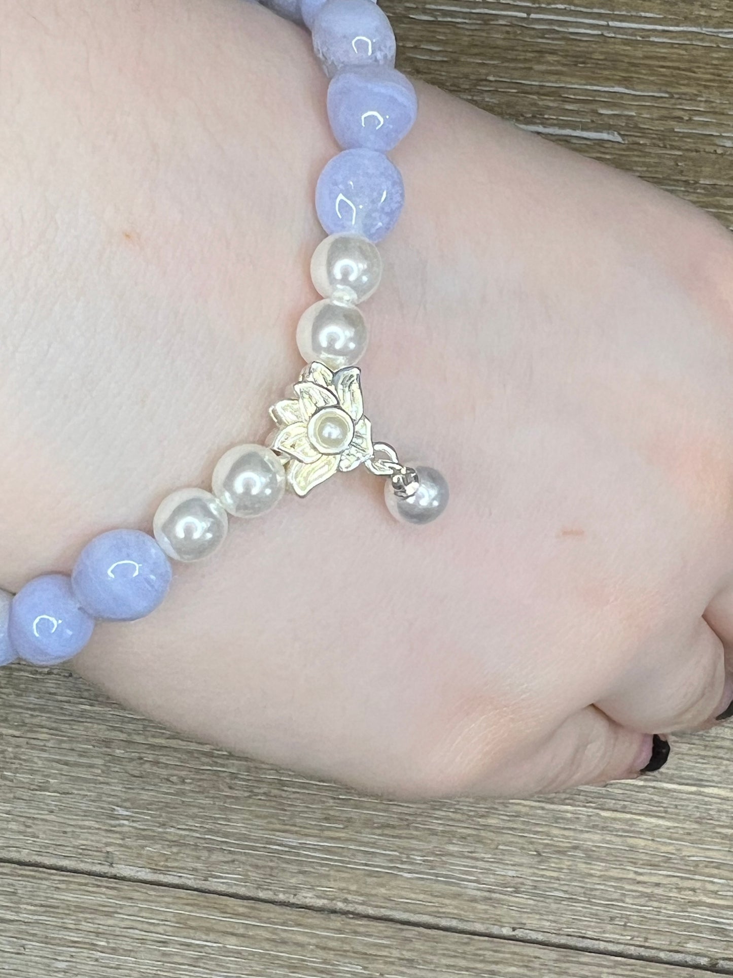 Blue Lace Agate and Pearl Lotus Flower Bracelet