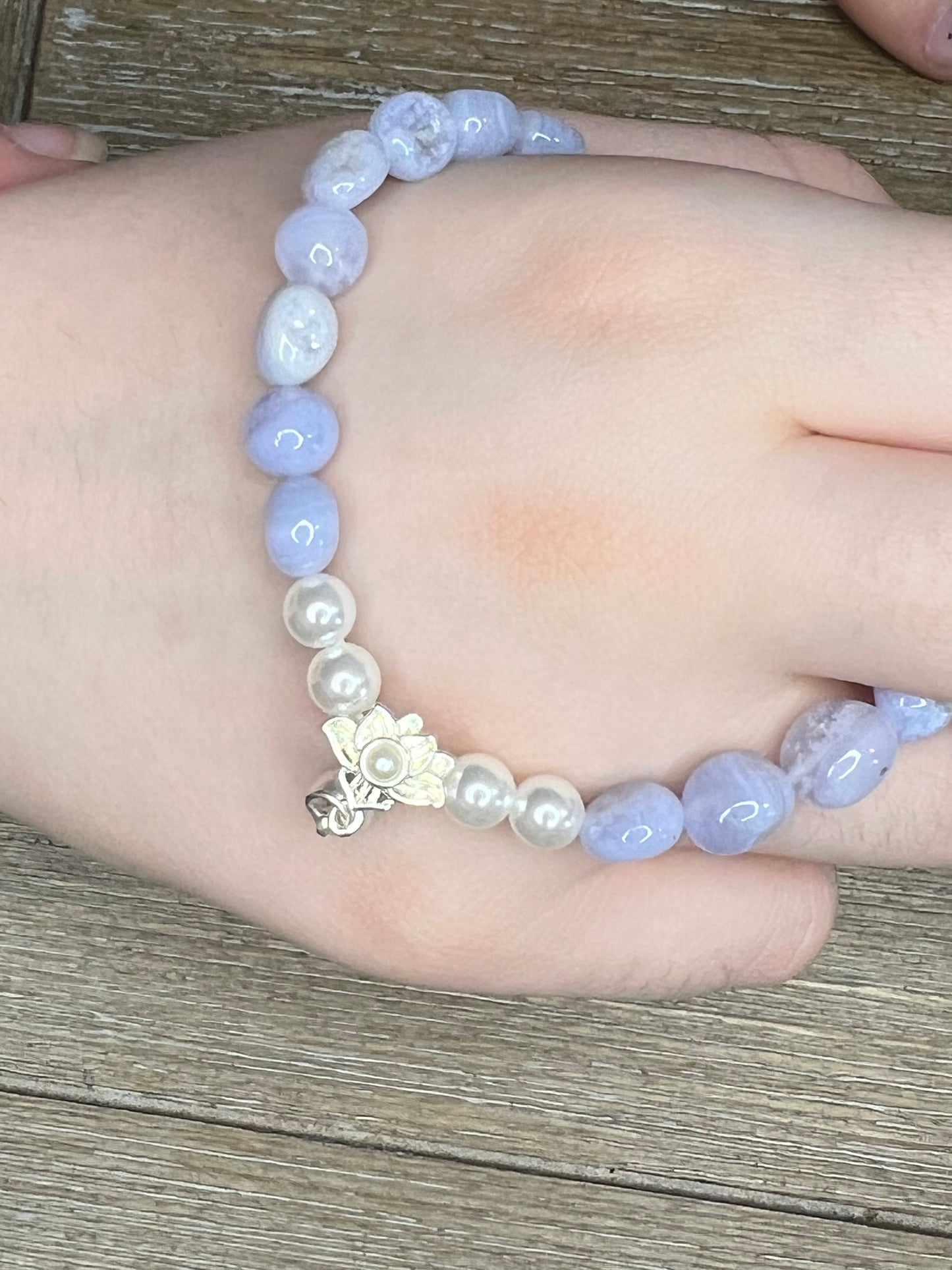 Blue Lace Agate and Pearl Lotus Flower Bracelet
