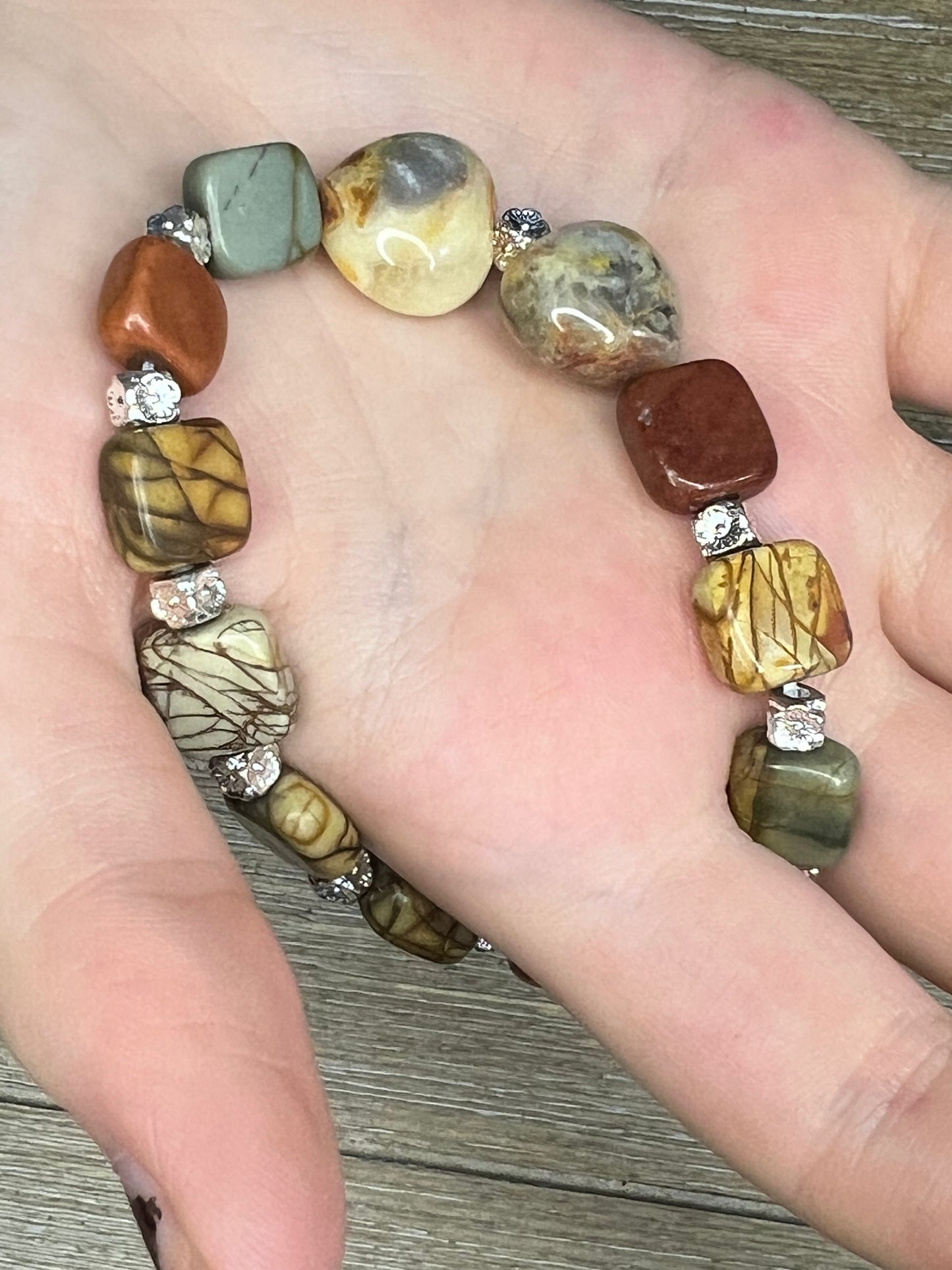 Picture Jasper with Agatized Coral Hearts Stretch Bracelet