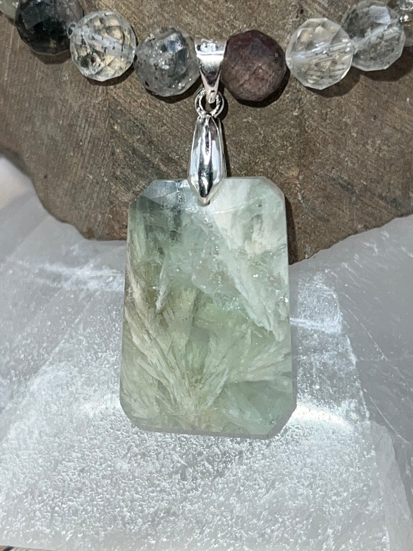 Garden Quartz, Green Garnet, Prehenite Beaded Necklace with Feathered Fluorite Pendant