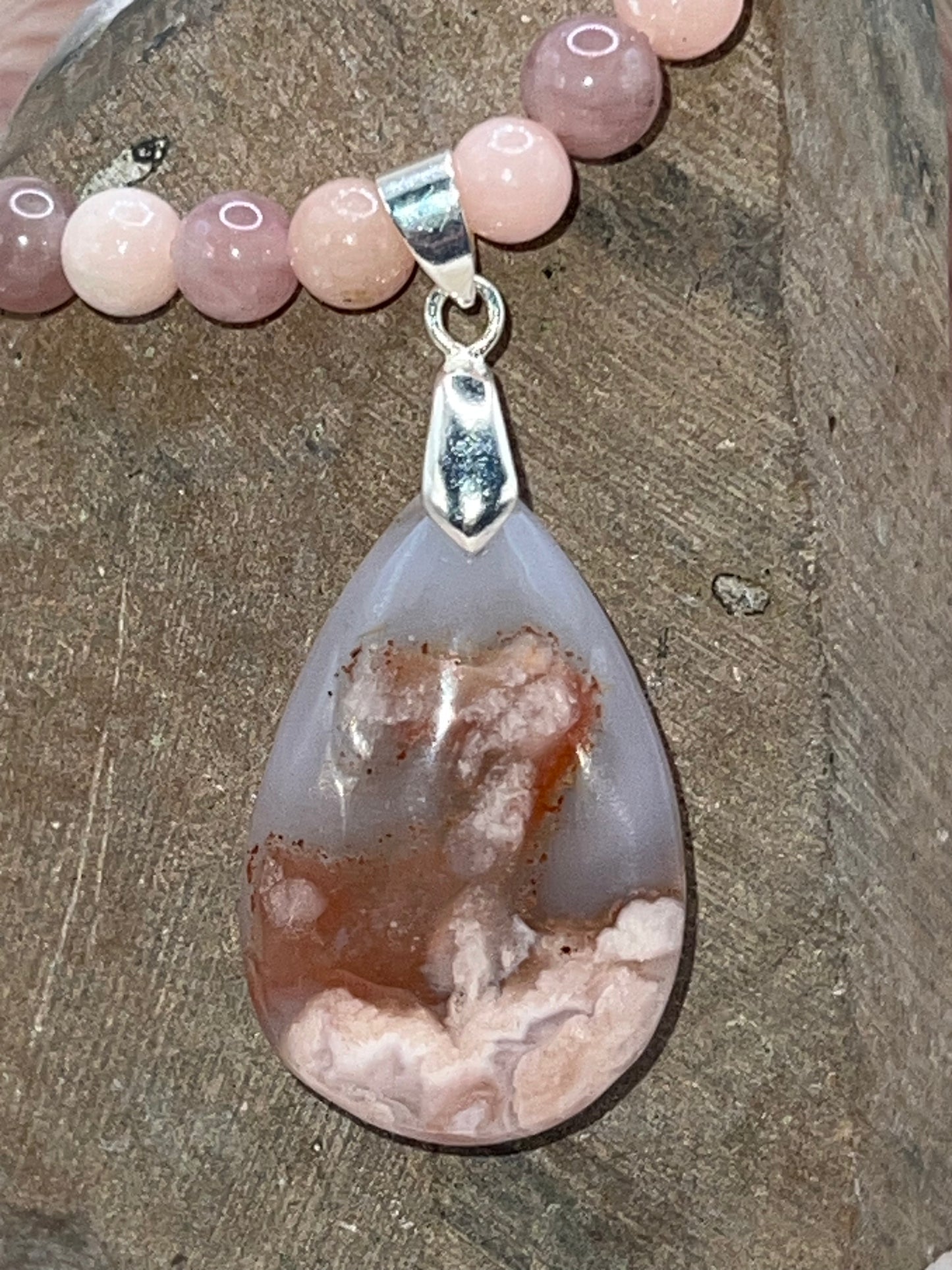 Pink Tourmaline and Pink Opal beaded Necklace with Sakura Pendant