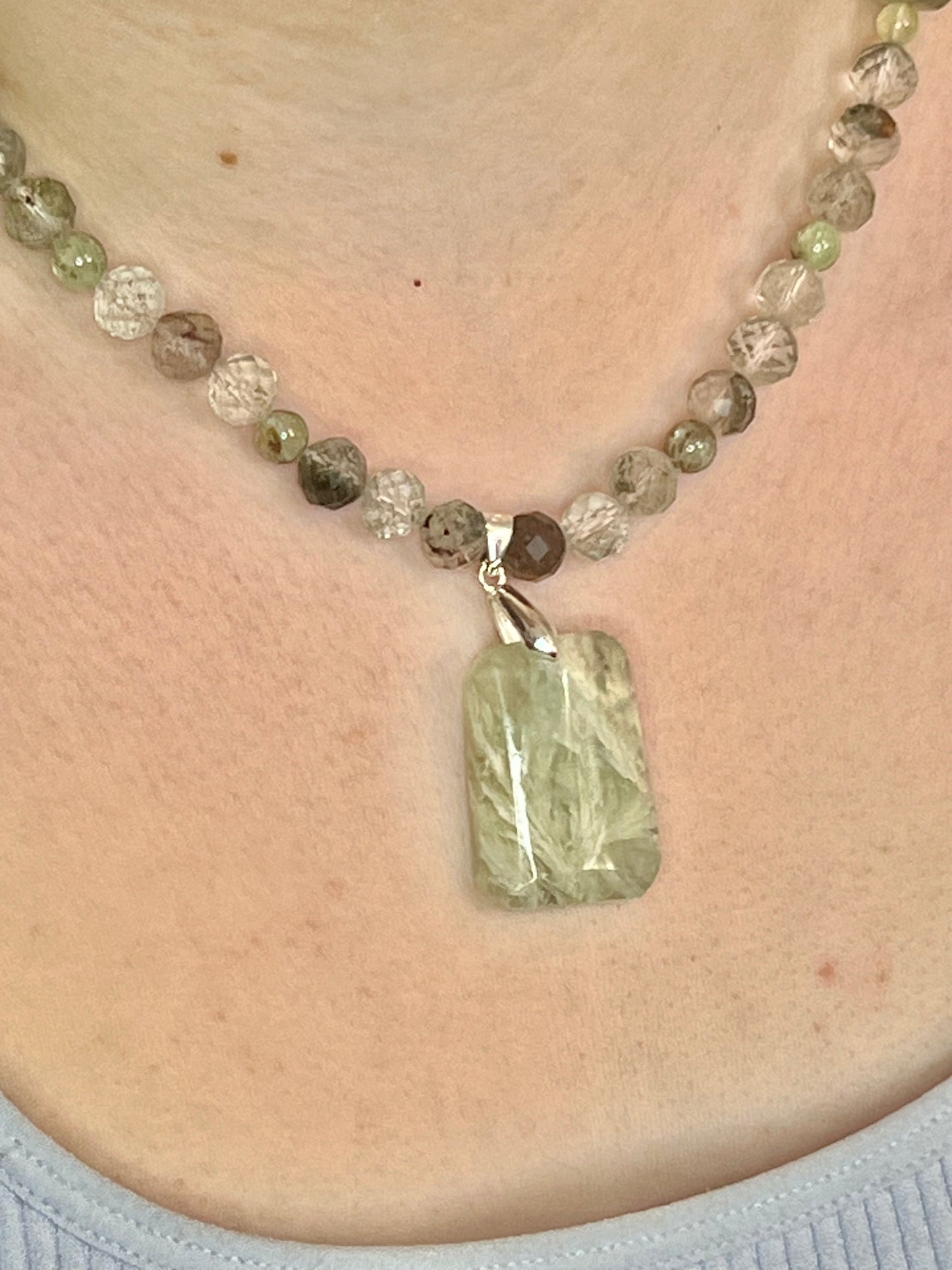 Garden Quartz, Green Garnet, Prehenite Beaded Necklace with Feathered Fluorite Pendant