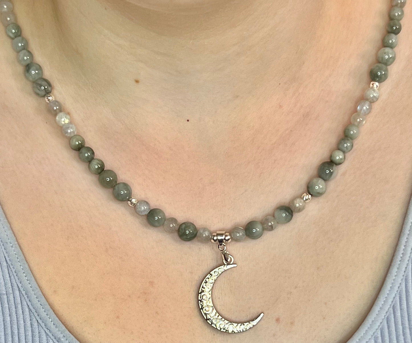 Hawkeye and Rainbow Moonstone Necklace with Sterling Silver Moon Pendant