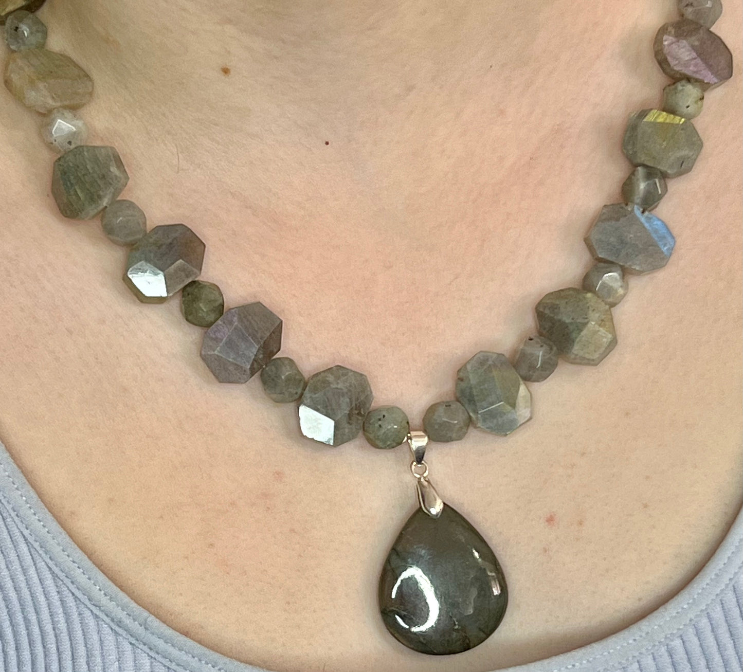 Flashy Faceted Labradorite Necklace with Purple Flash Pendant