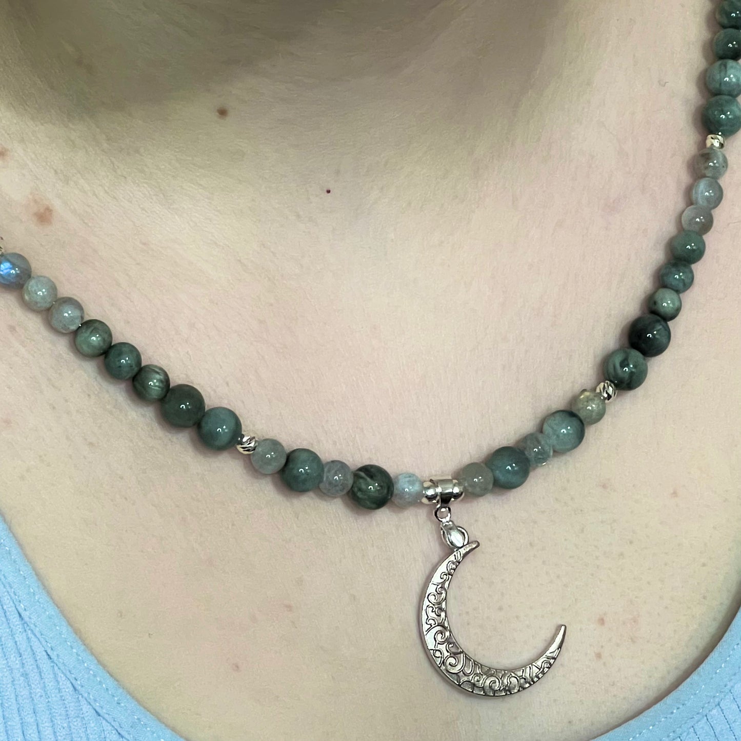 Hawkeye and Rainbow Moonstone Necklace with Sterling Silver Moon Pendant