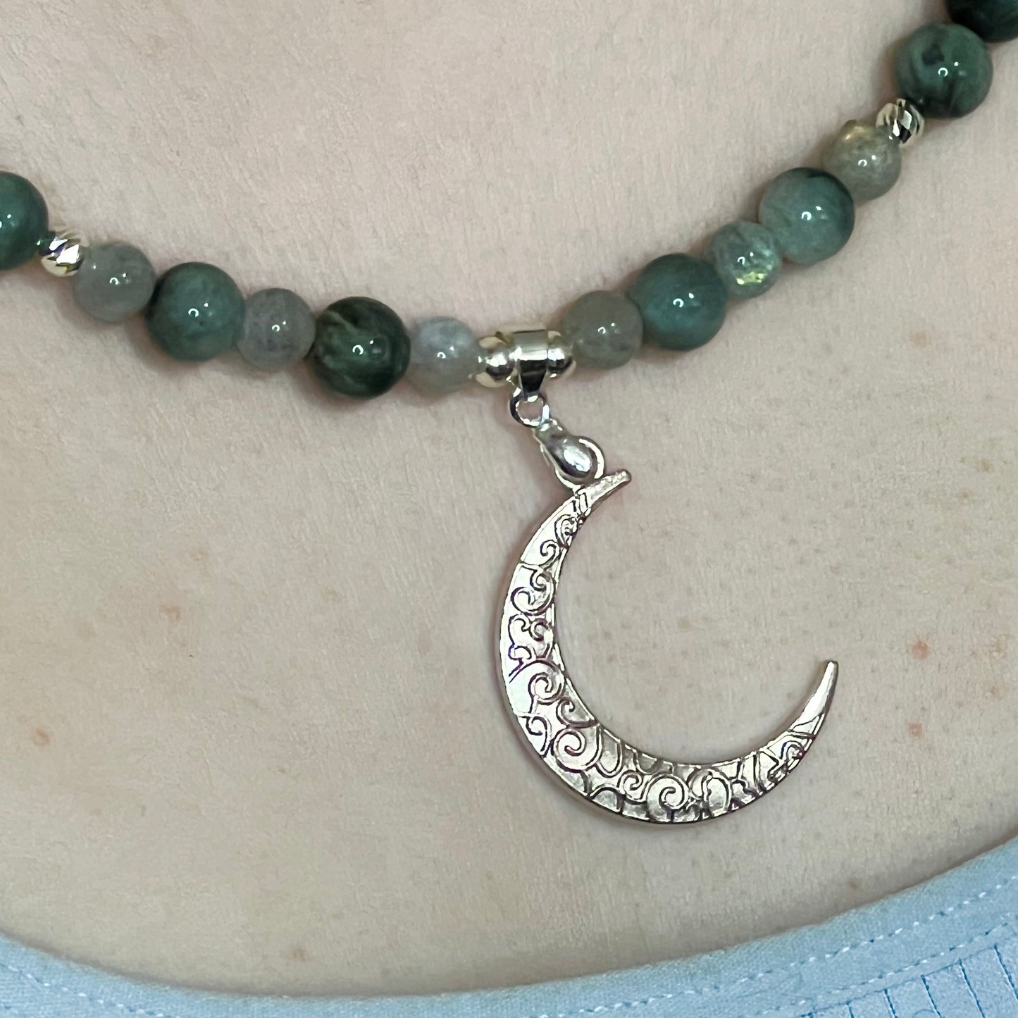 Hawkeye and Rainbow Moonstone Necklace with Sterling Silver Moon Pendant