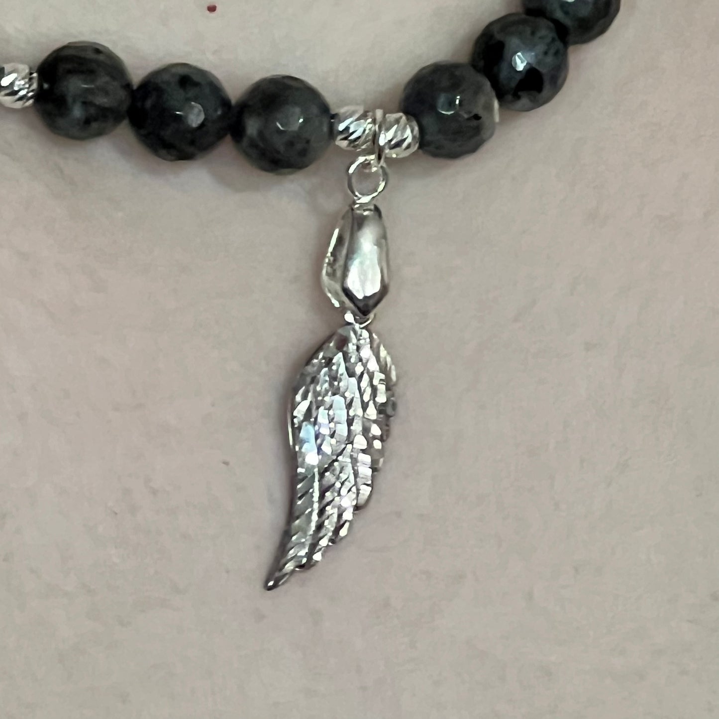 Faceted Black Labradorite Necklace with Diamond Cut Angel Wing Pendant