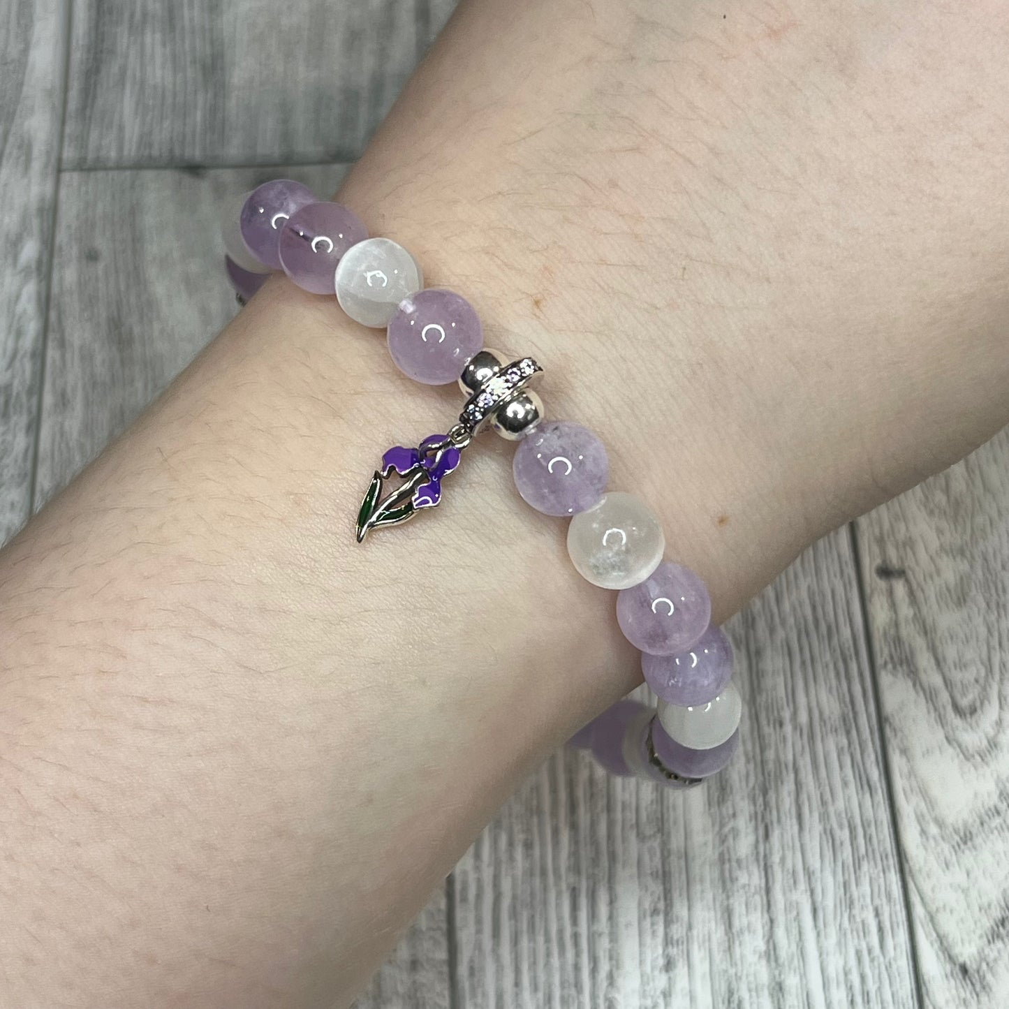 Light Purple Jade and Selenite Bracelet with Tulip Charm
