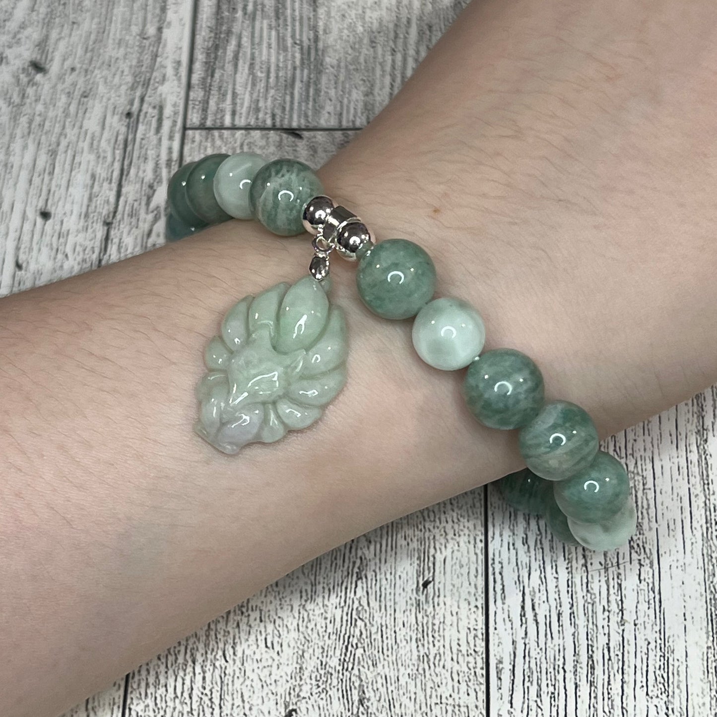 Amazonite and Green Moonstone Bracelet with Kitsune Pendant