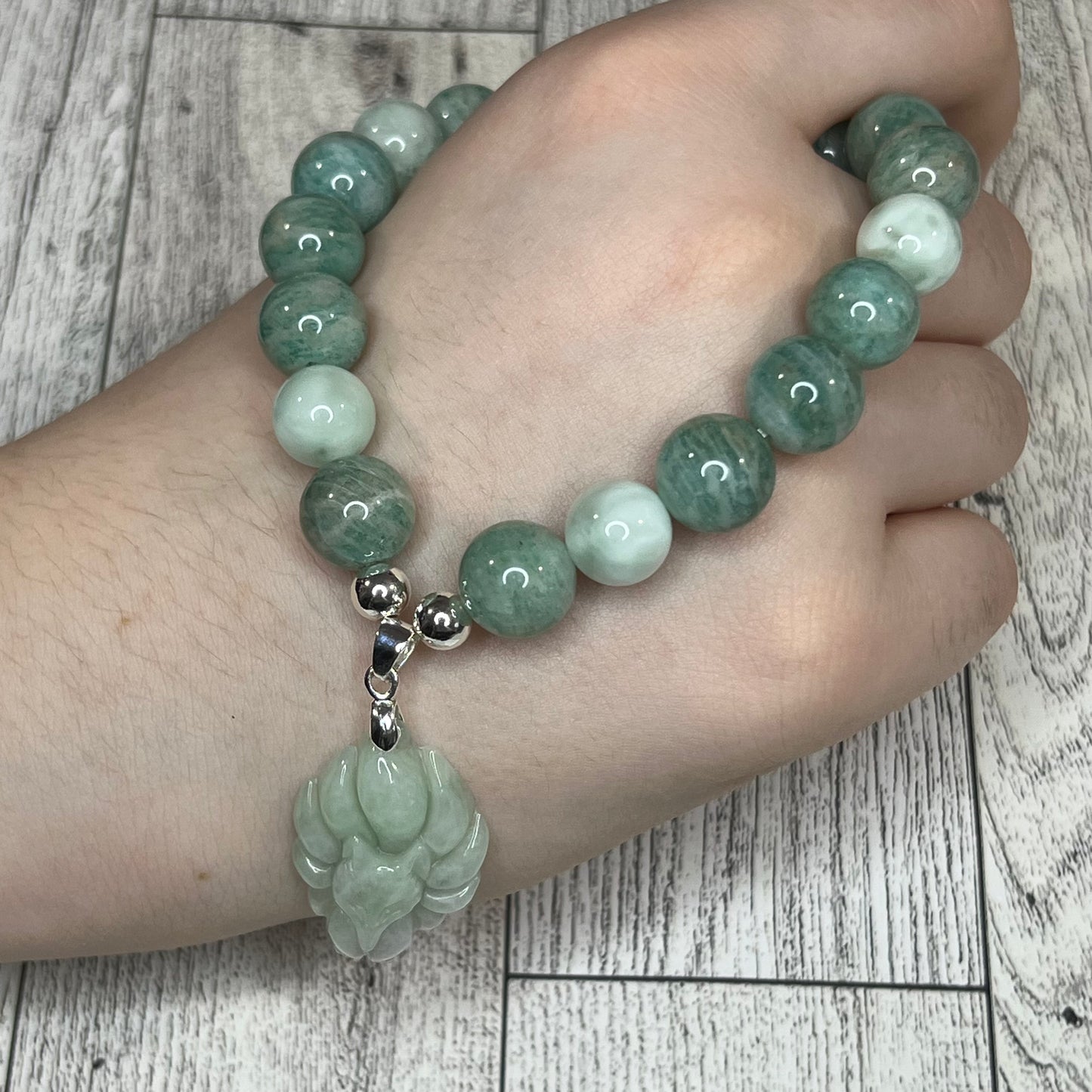 Amazonite and Green Moonstone Bracelet with Kitsune Pendant