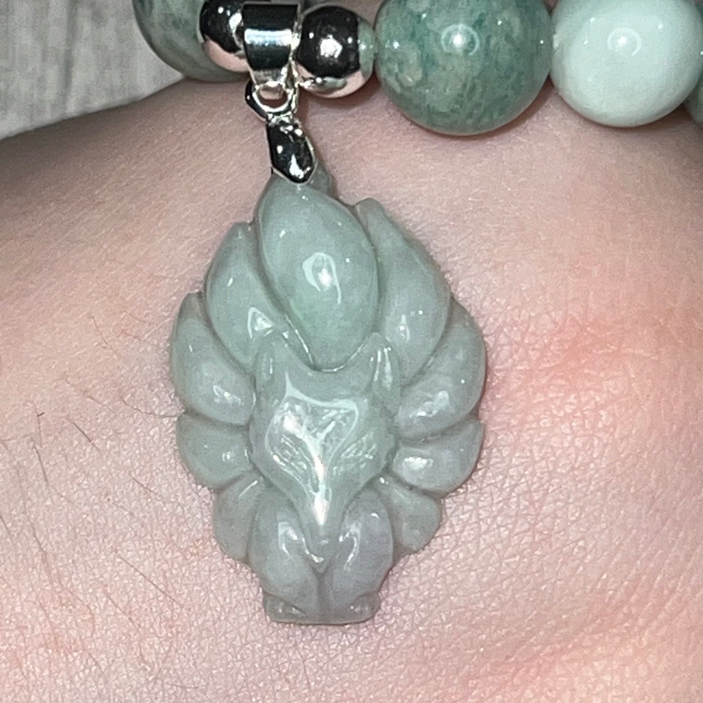 Amazonite and Green Moonstone Bracelet with Kitsune Pendant