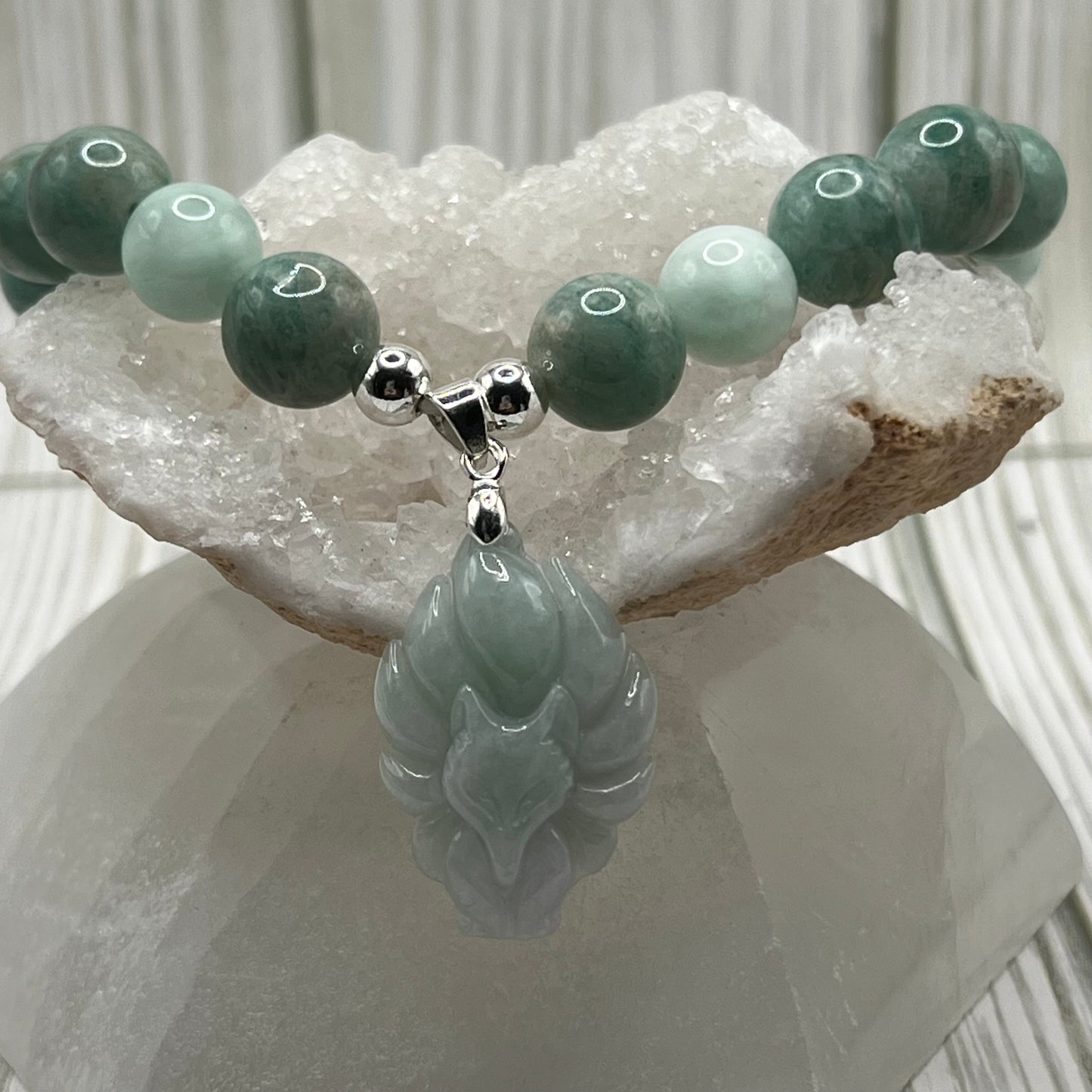 Amazonite and Green Moonstone Bracelet with Kitsune Pendant