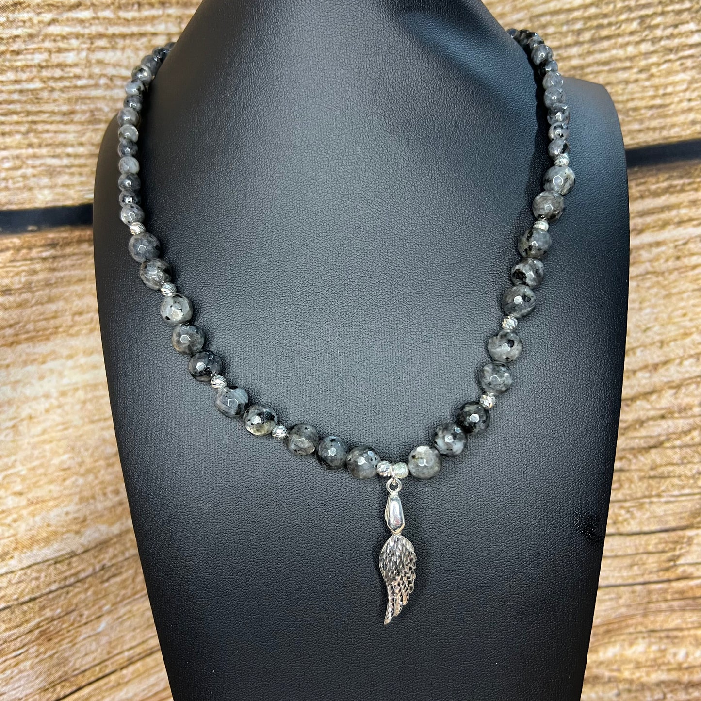 Faceted Black Labradorite Necklace with Diamond Cut Angel Wing Pendant