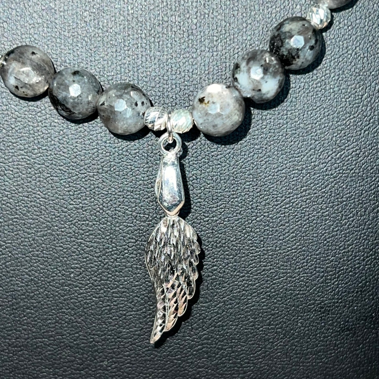 Faceted Black Labradorite Necklace with Diamond Cut Angel Wing Pendant