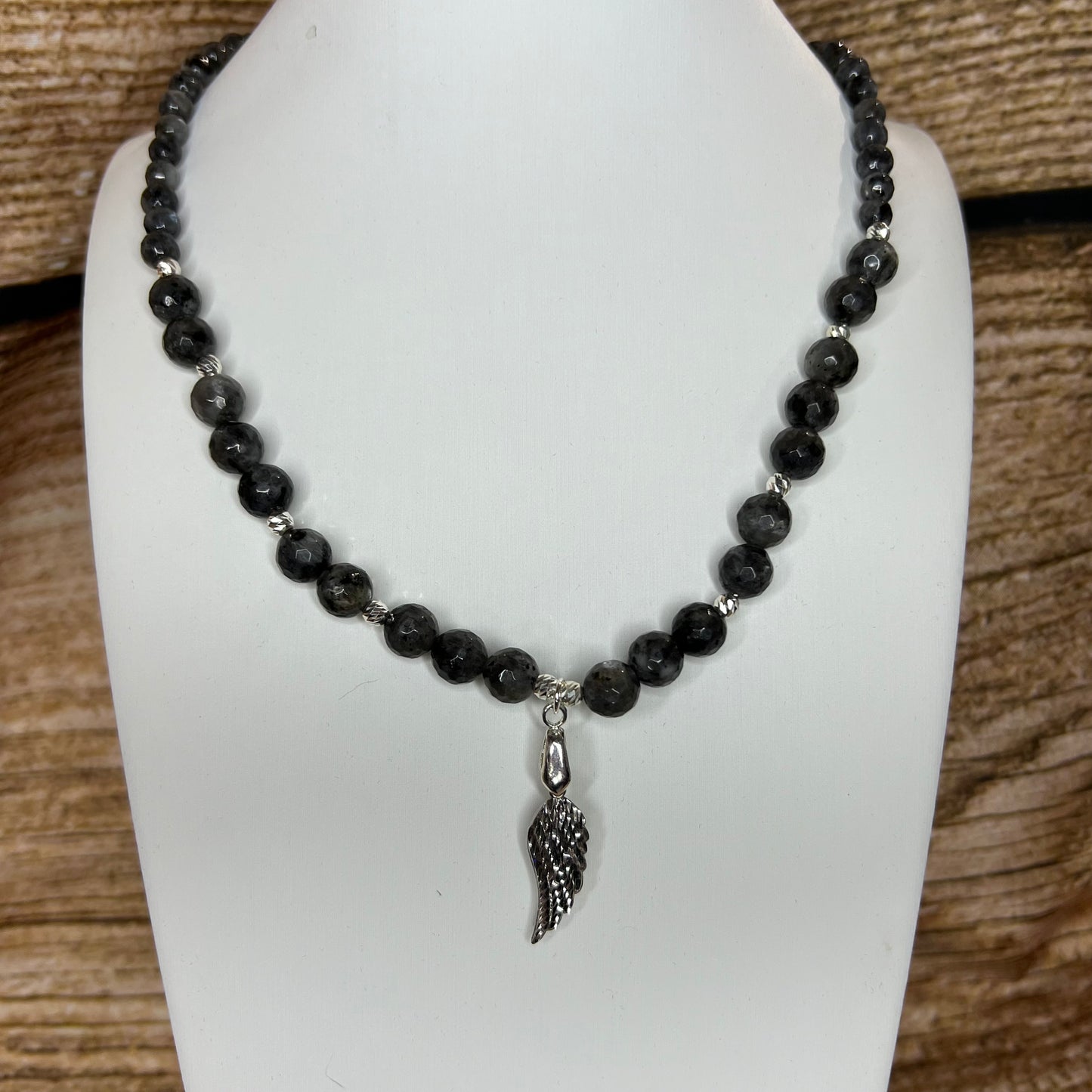 Faceted Black Labradorite Necklace with Diamond Cut Angel Wing Pendant