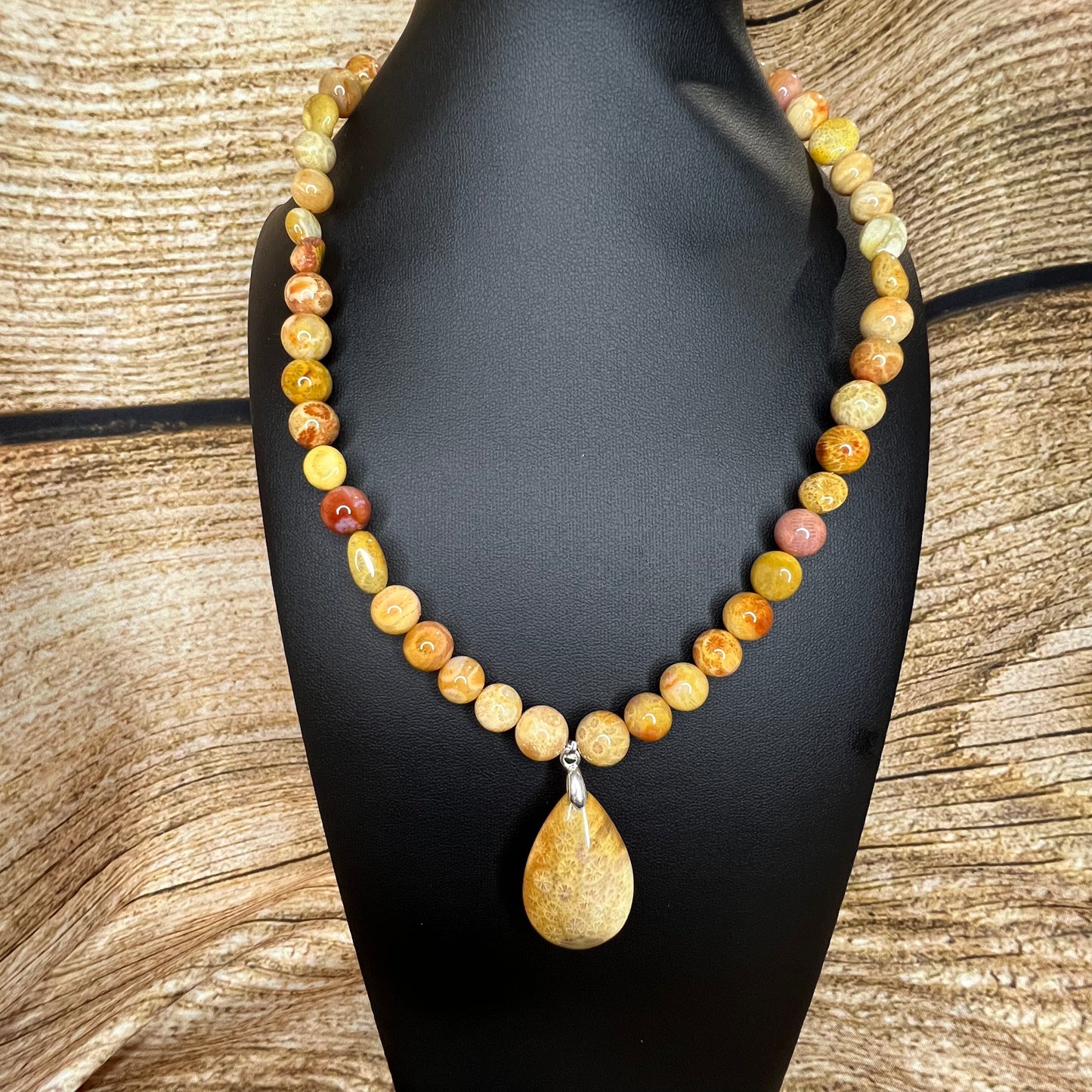 Agatized Coral Jade Necklace with Matching Pendant
