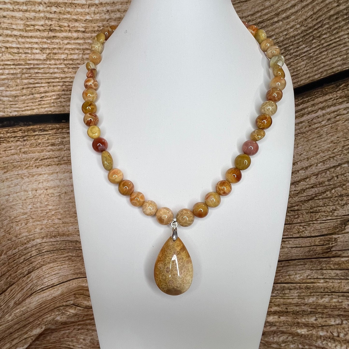 Agatized Coral Jade Necklace with Matching Pendant