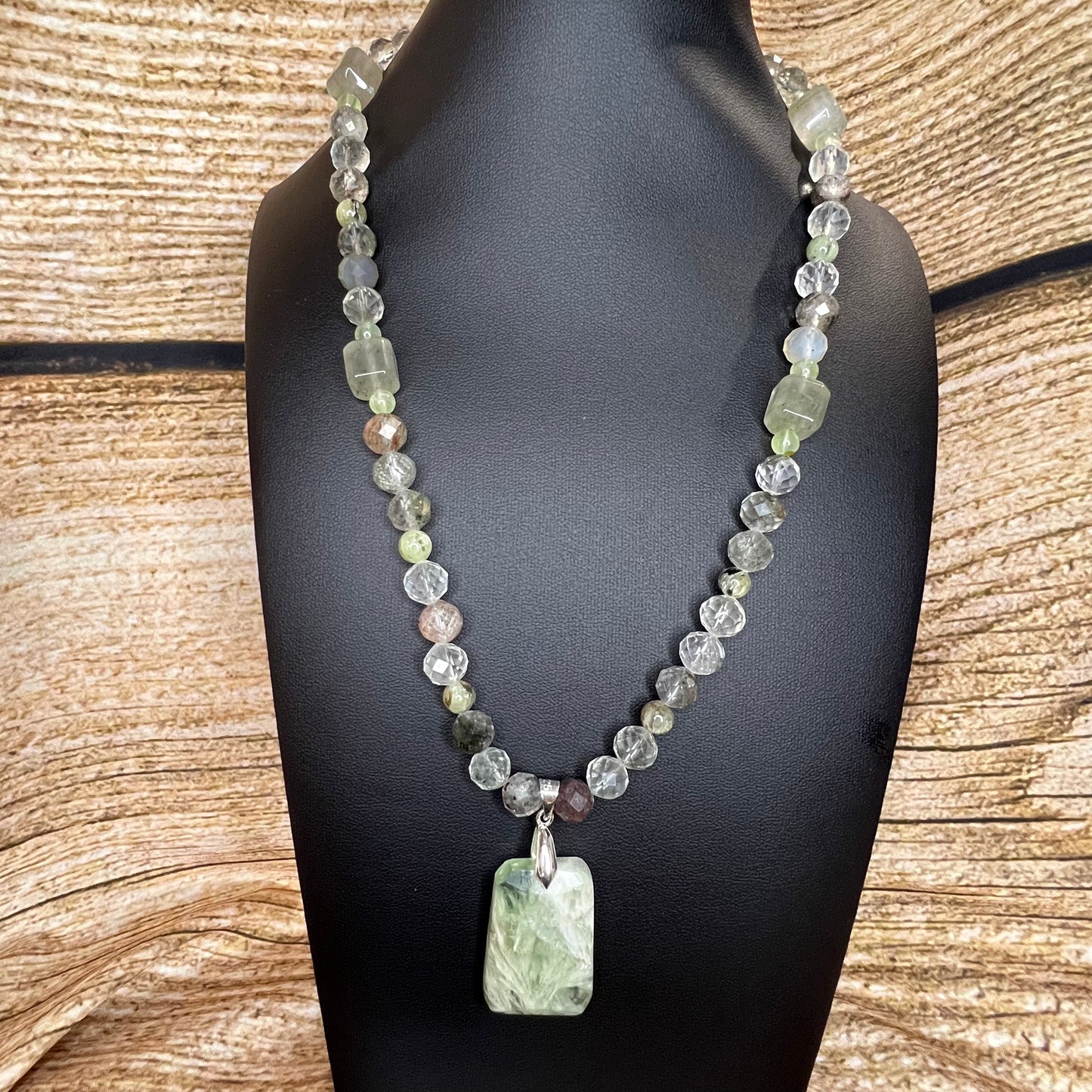 Garden Quartz, Green Garnet, Prehenite Beaded Necklace with Feathered Fluorite Pendant