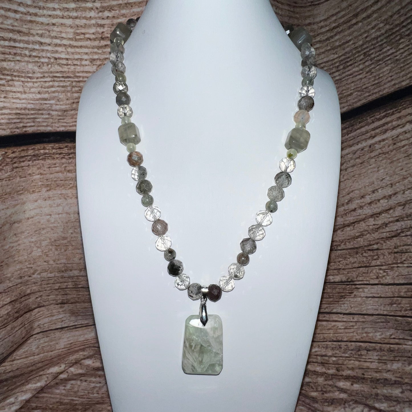 Garden Quartz, Green Garnet, Prehenite Beaded Necklace with Feathered Fluorite Pendant