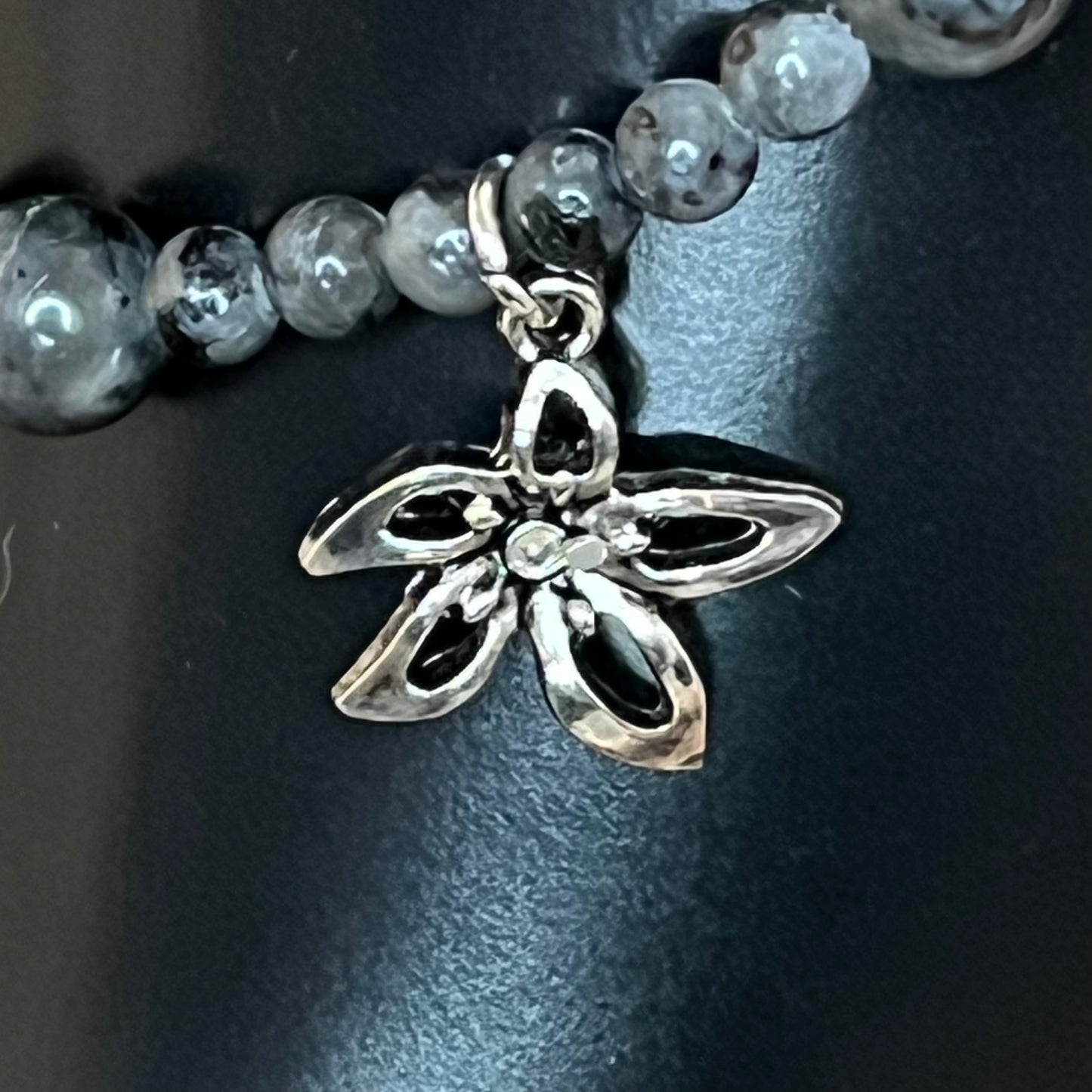 Larvikite and Carved Silver Obsidian Anklet with Silver Flower Charm