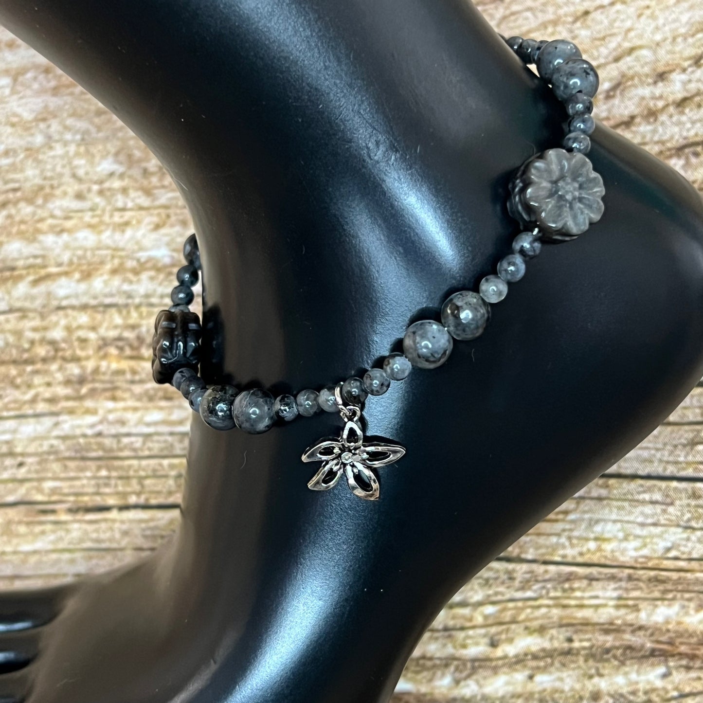 Larvikite and Carved Silver Obsidian Anklet with Silver Flower Charm