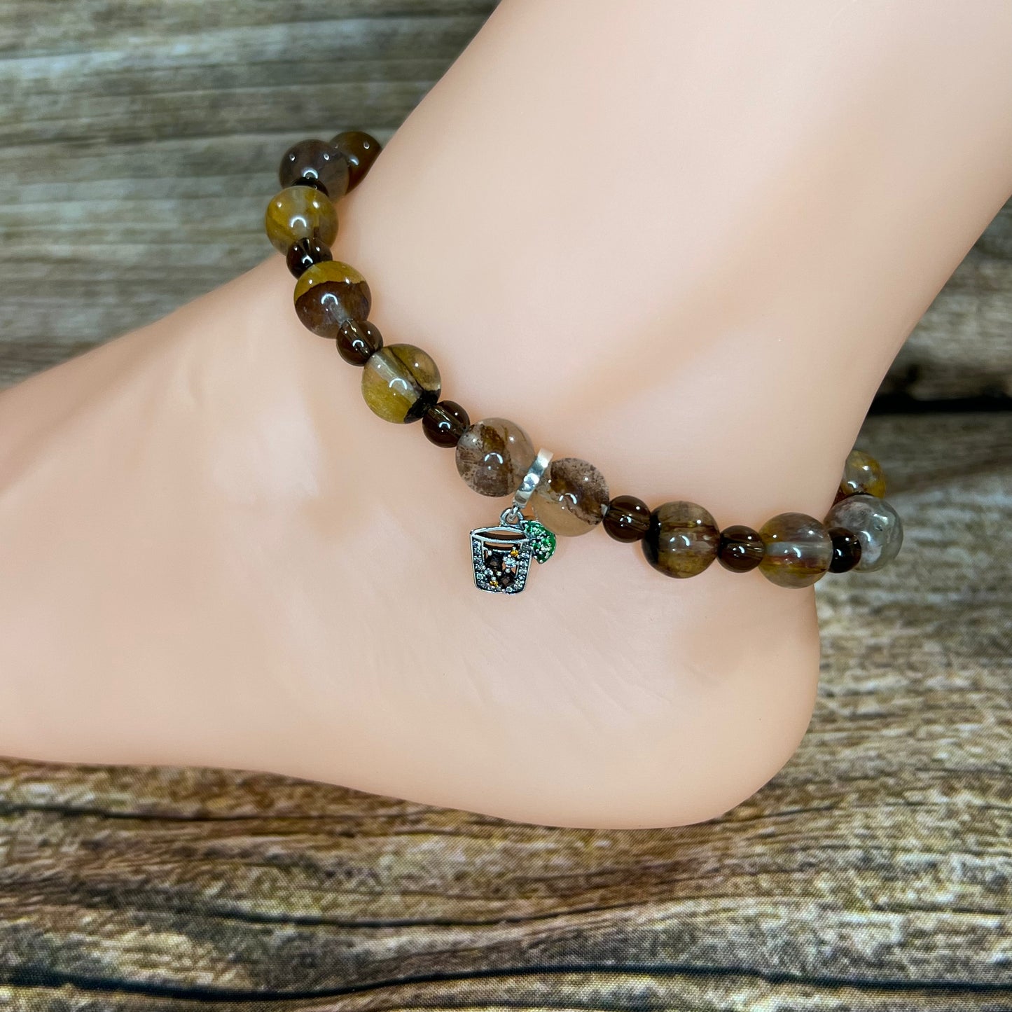 Spill the Tea Anklet with Ferruginous and Smoky Quartz and Iced Tea Drink Charm