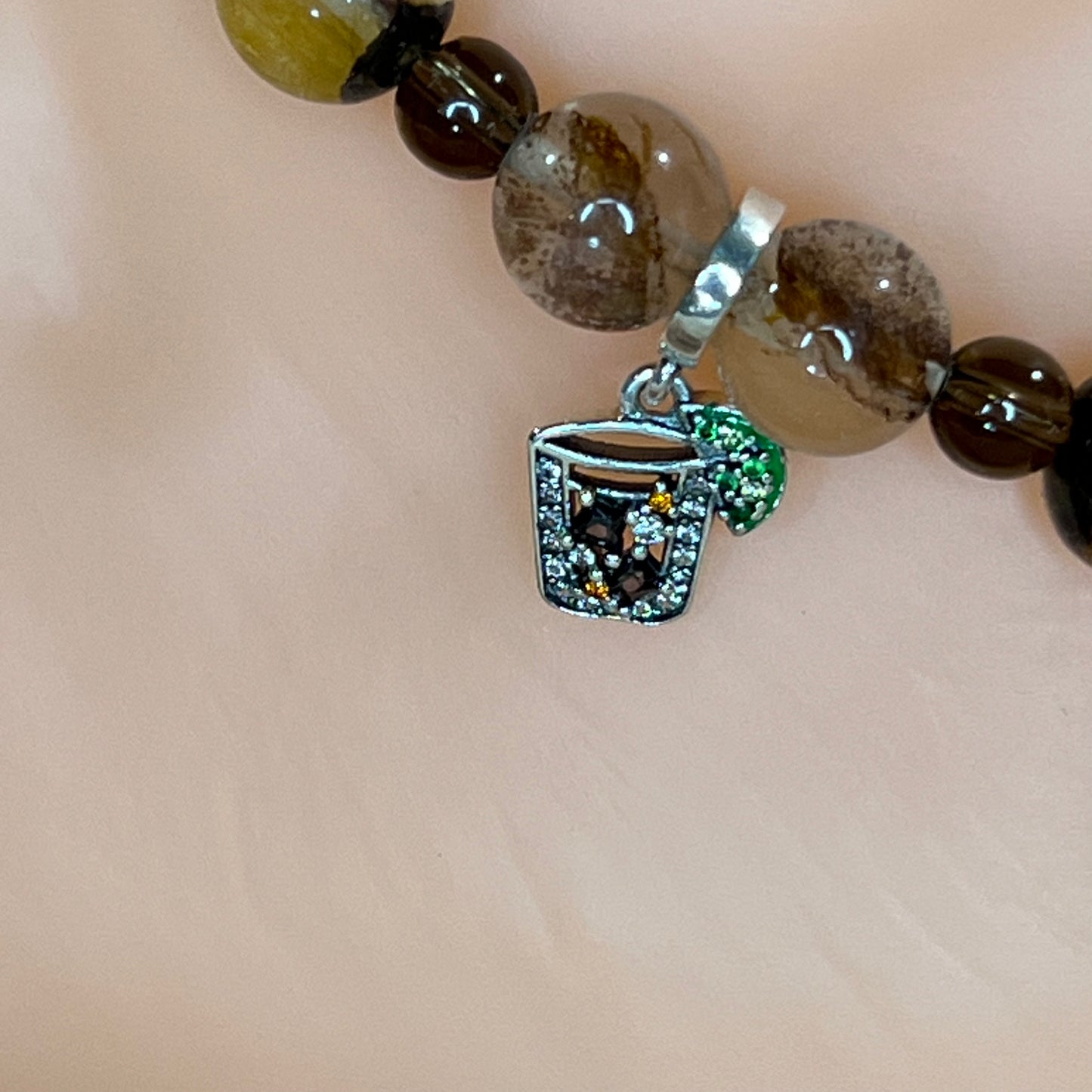 Spill the Tea Anklet with Ferruginous and Smoky Quartz and Iced Tea Drink Charm