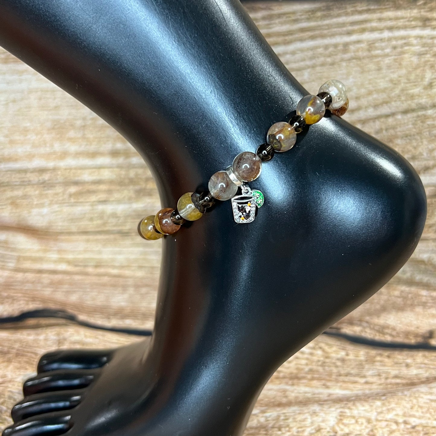 Spill the Tea Anklet with Ferruginous and Smoky Quartz and Iced Tea Drink Charm