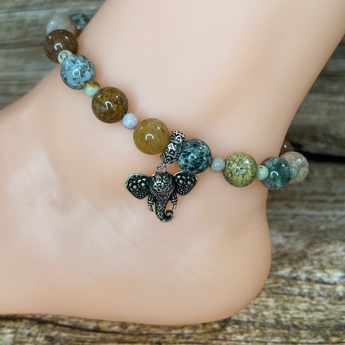 Sound the Trumpet Flower Ocean Jasper Anklet with Elephant Charm