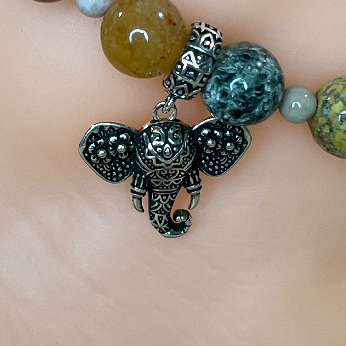 Sound the Trumpet Flower Ocean Jasper Anklet with Elephant Charm