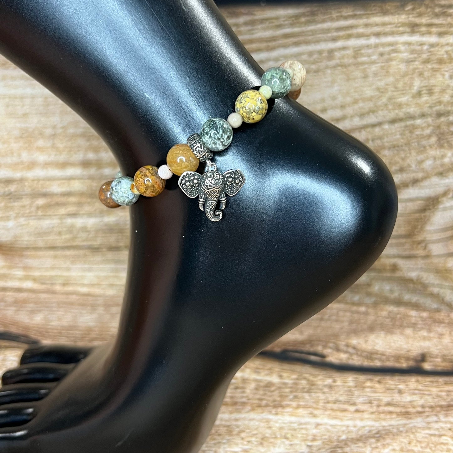 Sound the Trumpet Flower Ocean Jasper Anklet with Elephant Charm