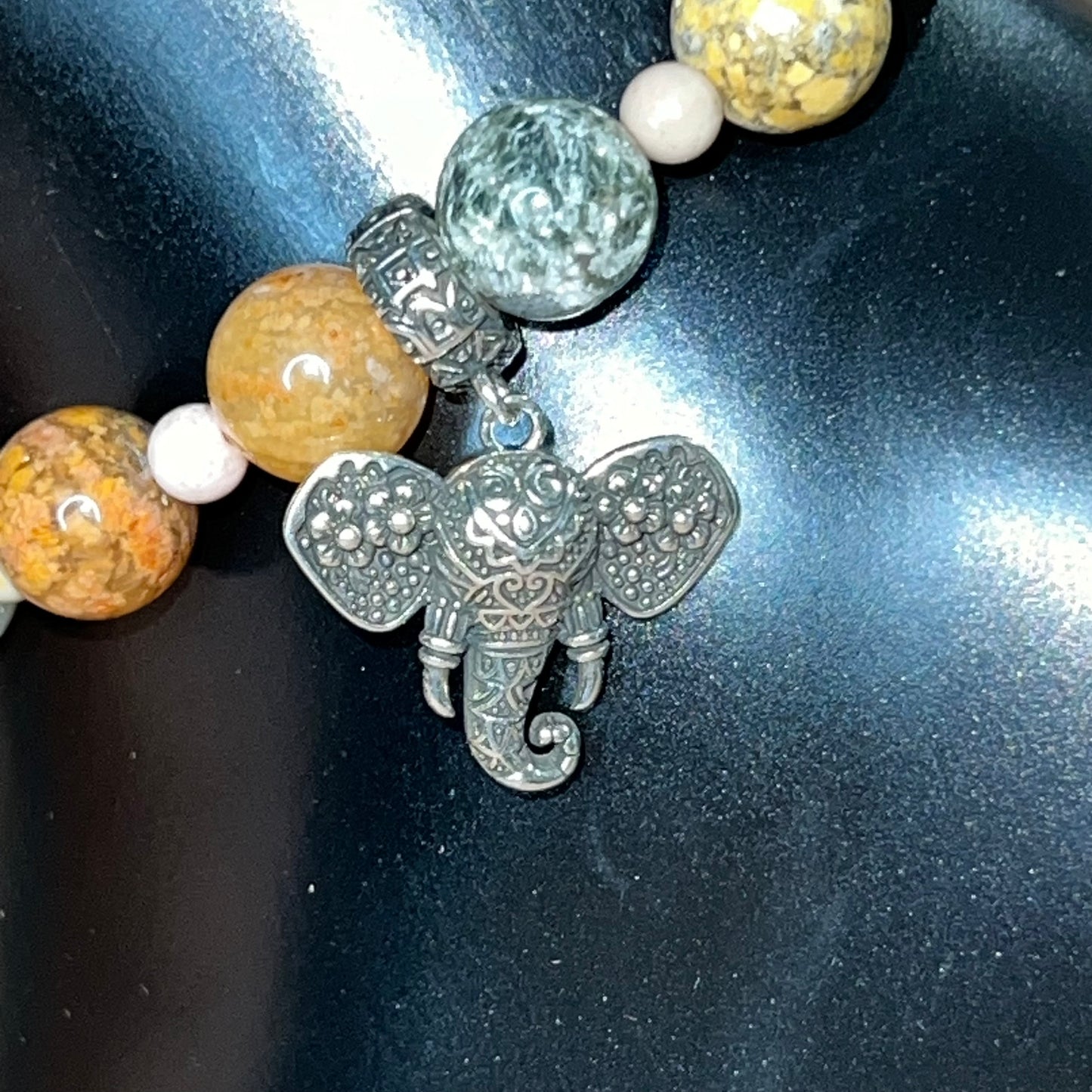 Sound the Trumpet Flower Ocean Jasper Anklet with Elephant Charm