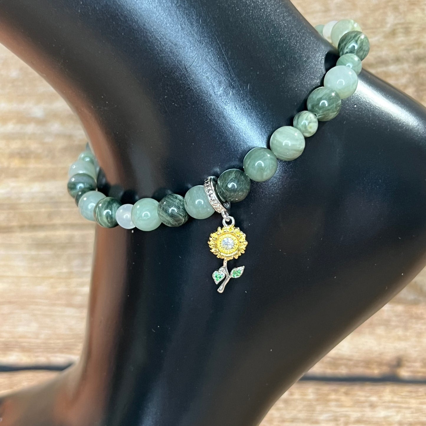 Grow with Me Green Grass Agate Anklet with Sunflower Charm