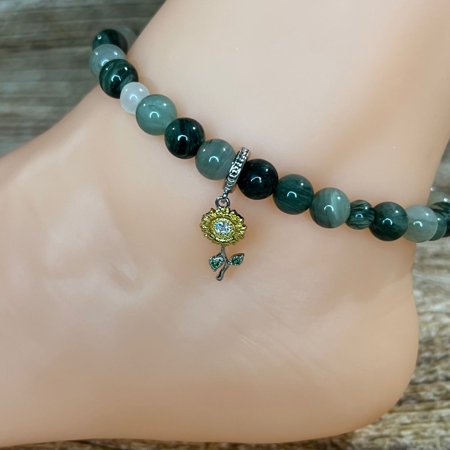 Grow with Me Green Grass Agate Anklet with Sunflower Charm