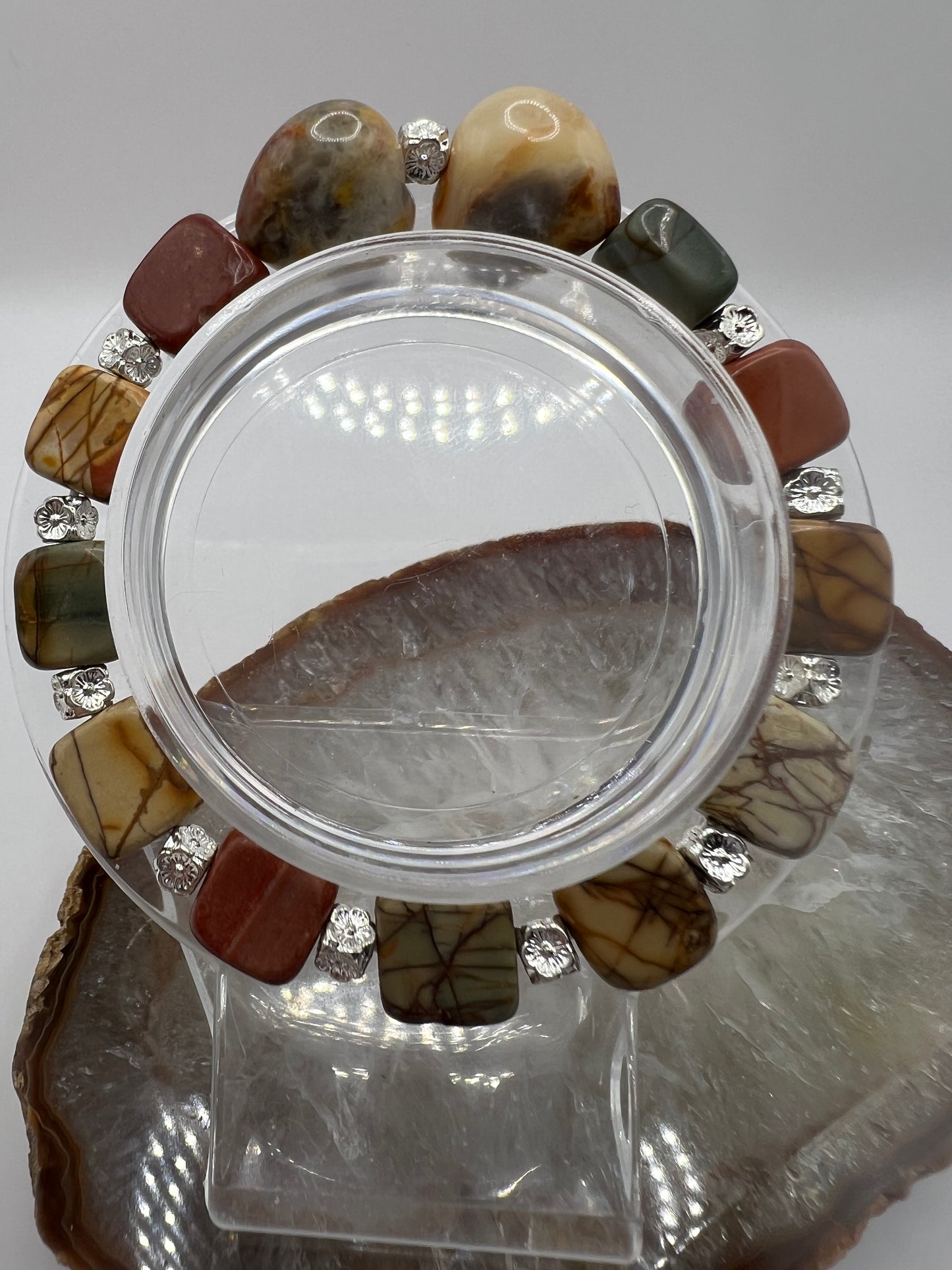 Picture Jasper with Agatized Coral Hearts Stretch Bracelet
