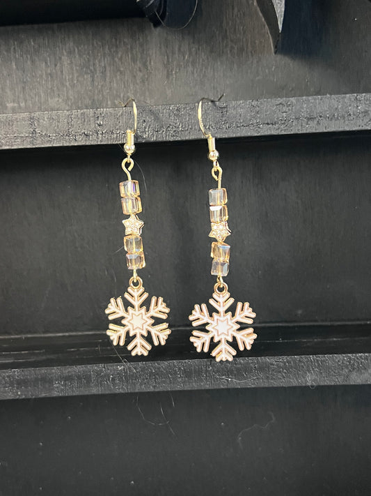 White and Gold Snowflake Charm Earrings