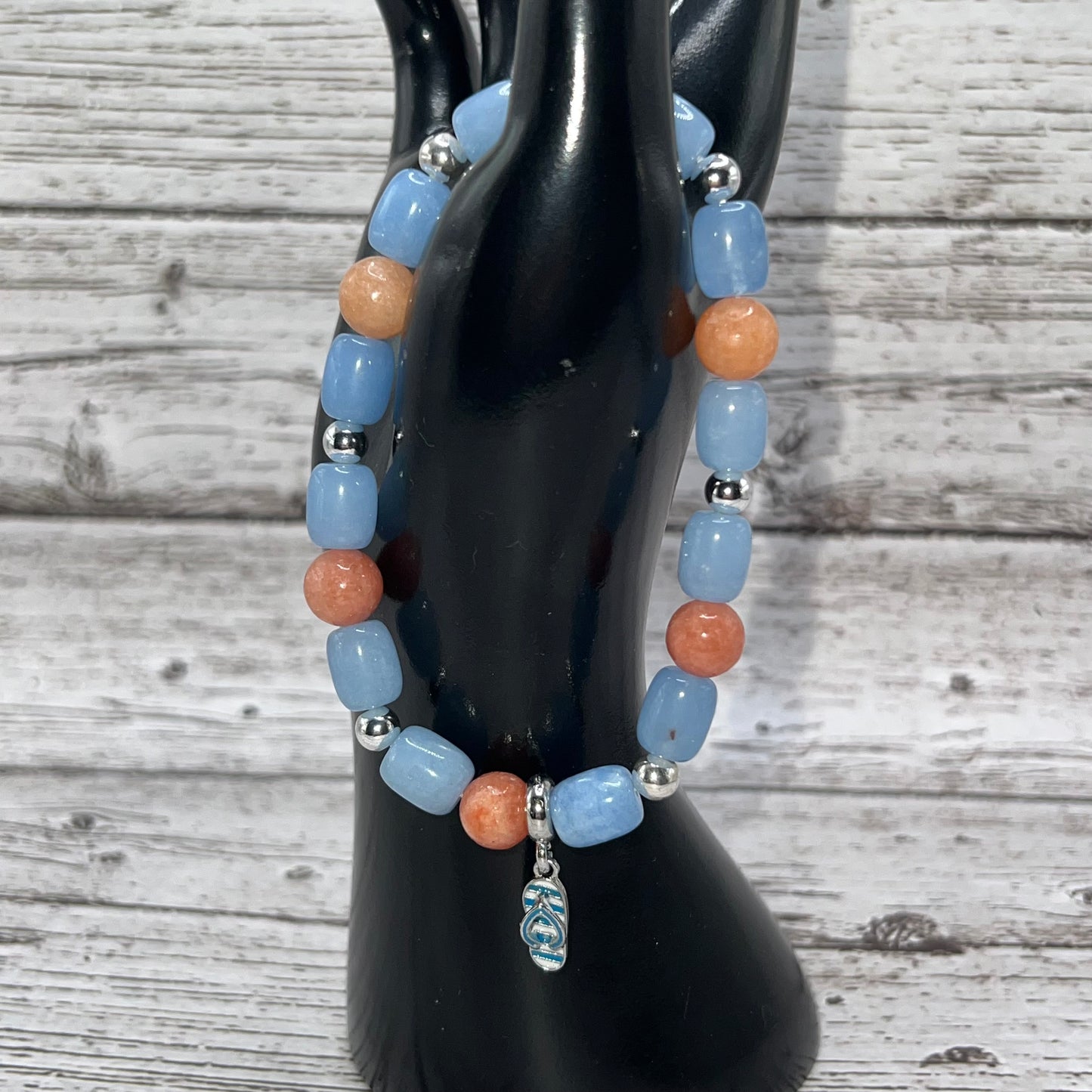 Flip Flopping Fun Orange Calcite and Blue Chalcedony Bracelet with Flip Flop Charm