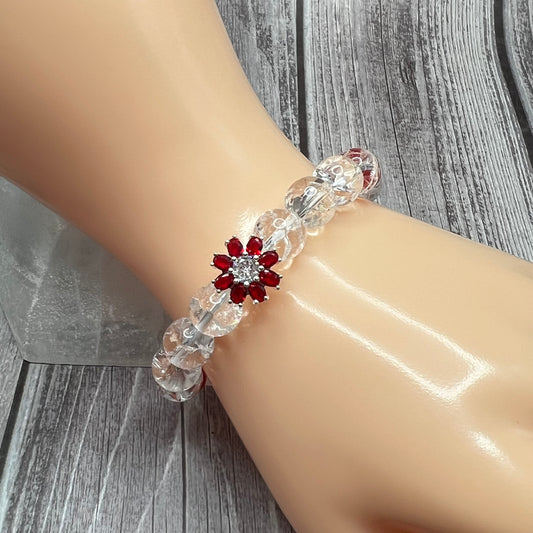 Poinsettia and Clear Crackled Quartz Bracelet